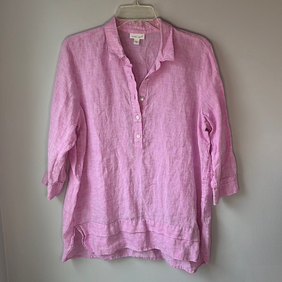 J. Jill Love Lilac Linen Tiered Tunic 3/4 Button Shirt - Picture 3 of 12